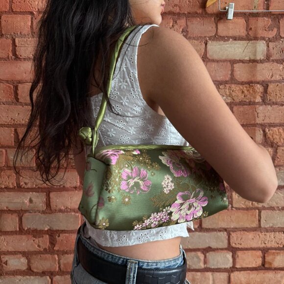 Y2K Floral Satin Shoulder Bag Pink Green Cottagecore Mini Purse - Picture 5 of 7